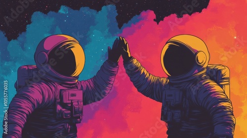 Astronauts High-Fiving in Colorful Space Scene