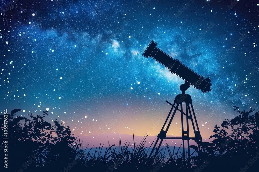 A telescope is set up in a field at night A telescope is set up in a field at night