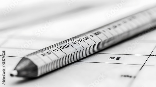 A close-up of a metallic ruler lying on a sheet of paper, emphasizing measurement precision.