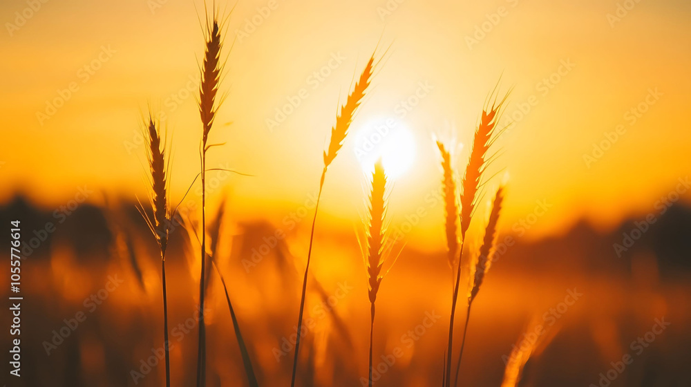 Obraz premium Golden wheat field at sunset with a vibrant sky, showcasing the beauty of agriculture and nature