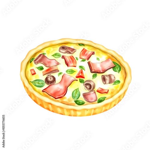 Bacon, spinach and mushroom quiche, watercolor illustration on white background. Generative AI