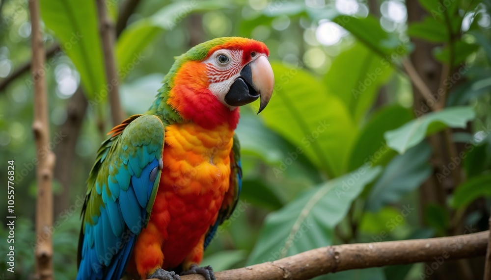 Colorful parrot perched on a branch in a lush green rainforest Colorful parrot perched on a branch in a lush green rainforest