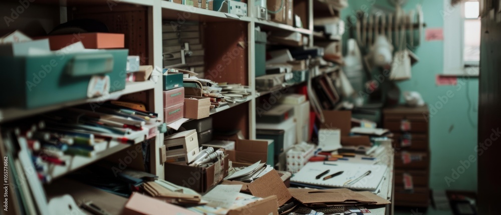 A cluttered workspace filled with office supplies, paper, and cardboard boxes, conveying a busy, industrious atmosphere. A cluttered workspace filled with office supplies, paper, and cardboard boxes, conveying a busy, industrious atmosphere.