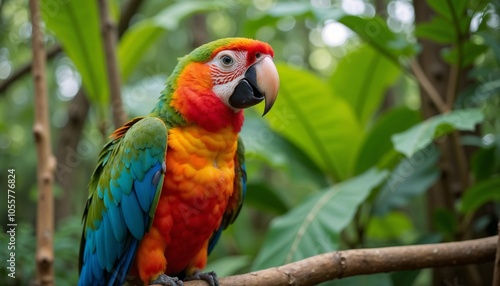 Colorful parrot perched on a branch in a lush green rainforest