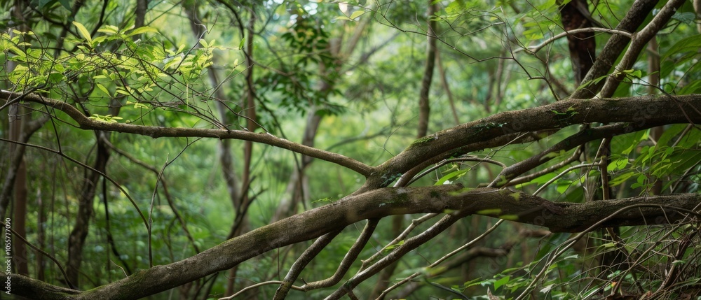 Tangled branches create a web of life in a dense, vibrant forest, showcasing nature's intricate beauty and mysterious charm. Tangled branches create a web of life in a dense, vibrant forest, showcasing nature's intricate beauty and mysterious charm.