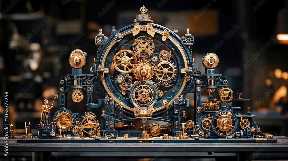 A mechanical clock with gears that turn a figure's movements A mechanical clock with gears that turn a figure's movements
