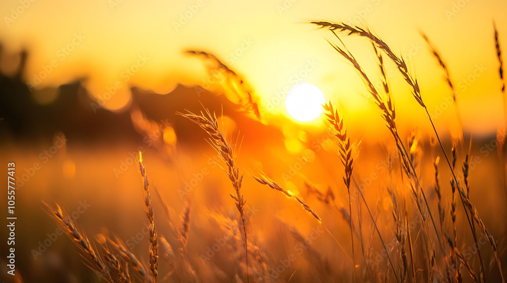 Obraz premium Golden wheat field at sunset with a vibrant sky, showcasing the beauty of agriculture and nature