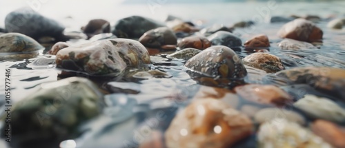 Rounded pebbles glisten beneath the surface of a tranquil stream, capturing a serene moment of natural beauty.