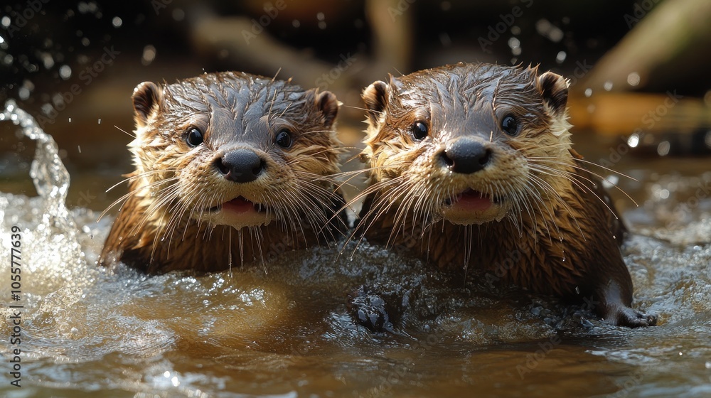 Obraz premium Two playful otters swimming together in a natural setting.
