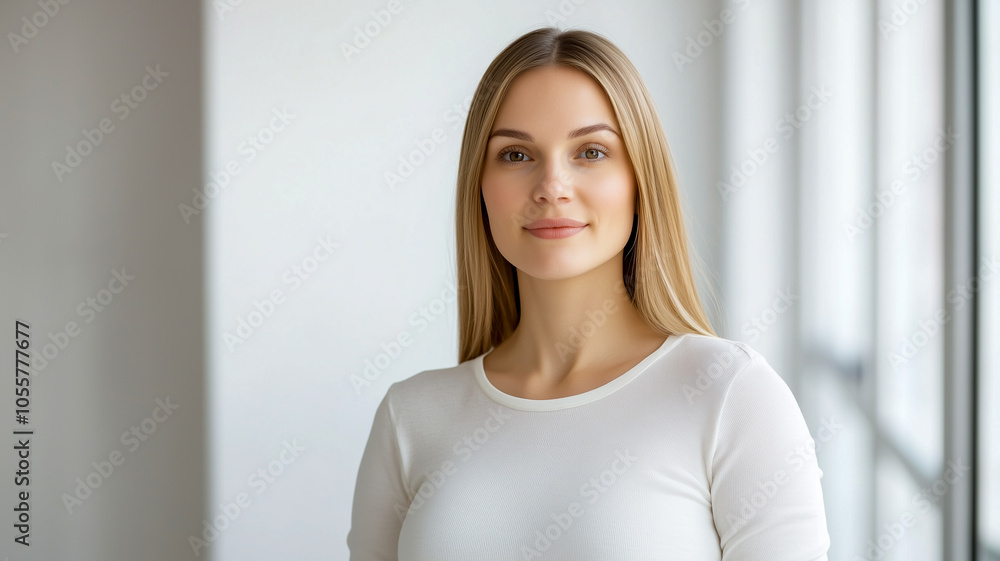 Confident woman with long hair standing by a window in natural light, wearing a white shirt, exemplifying modern elegance and simplicity. Confident woman with long hair standing by a window in natural light, wearing a white shirt, exemplifying modern elegance and simplicity.