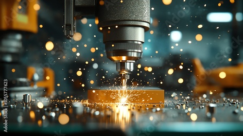 Closeup of a CNC machine drilling a metal part, sparks flying. photo