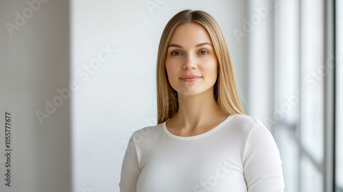 Confident woman with long hair standing by a window in natural light, wearing a white shirt, exemplifying modern elegance and simplicity.