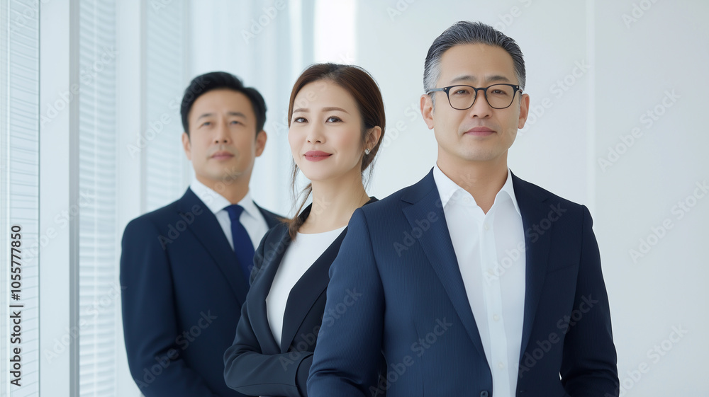 Professional team portrait featuring three confident businesspeople in formal attire, symbolizing leadership and diversity in a modern office. Professional team portrait featuring three confident businesspeople in formal attire, symbolizing leadership and diversity in a modern office.