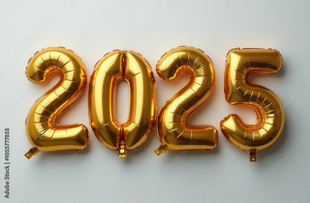 Happy New Year 2025 gold foil balloons on white background Happy New Year 2025 gold foil balloons on white background