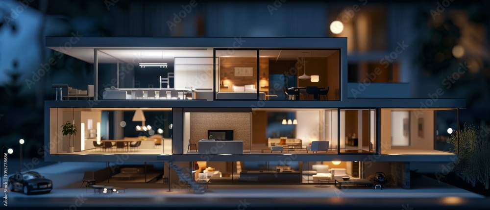 Modern glass-walled home illuminates the twilight with warm interiors, showcasing sleek furniture and spacious design. Modern glass-walled home illuminates the twilight with warm interiors, showcasing sleek furniture and spacious design.