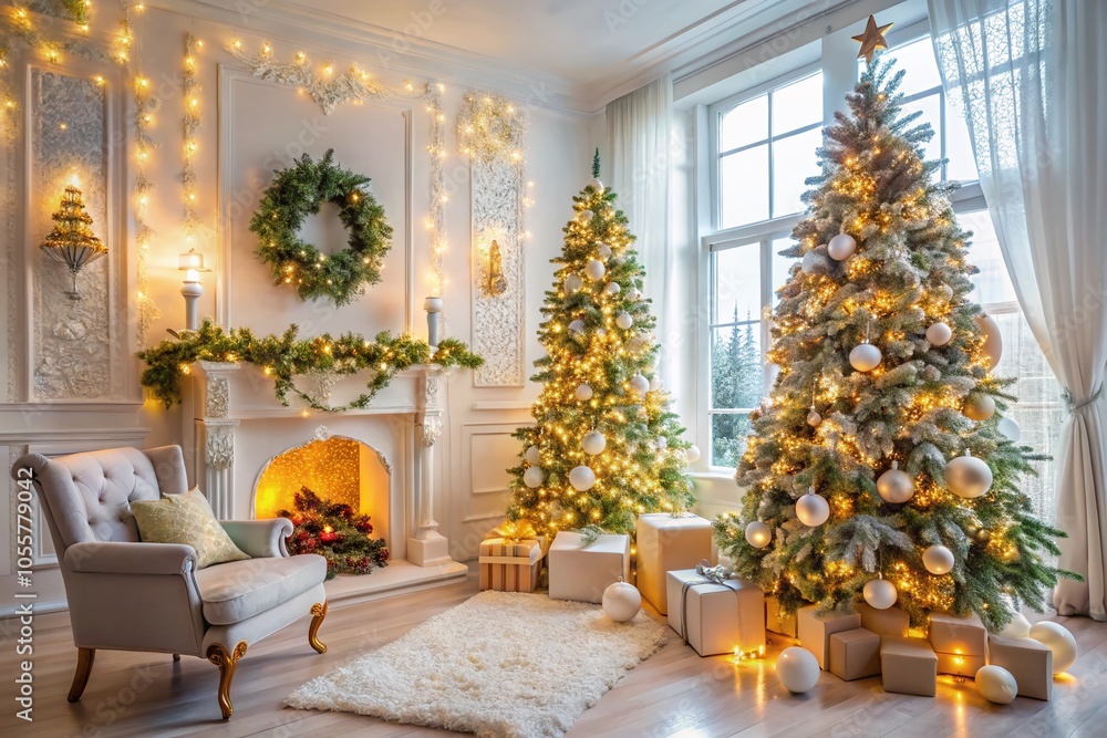 Cozy White Room Decorated for Christmas - Perfect Holiday Atmosphere Photo Cozy White Room Decorated for Christmas - Perfect Holiday Atmosphere Photo
