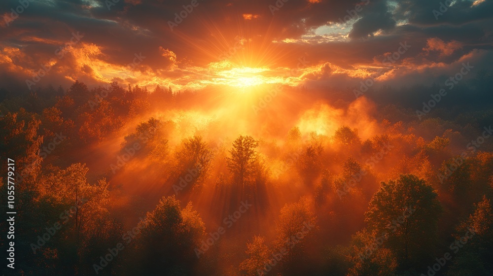 Fototapeta premium A breathtaking sunrise over a misty forest landscape.