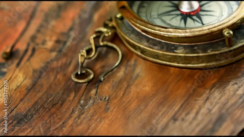 Vintage brass compass with intricate details on a wooden surface