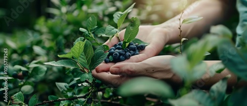 Gentle hands cradle ripe blueberries, surrounded by lush green foliage, embodying the bounty of nature and the joy of a fresh harvest.