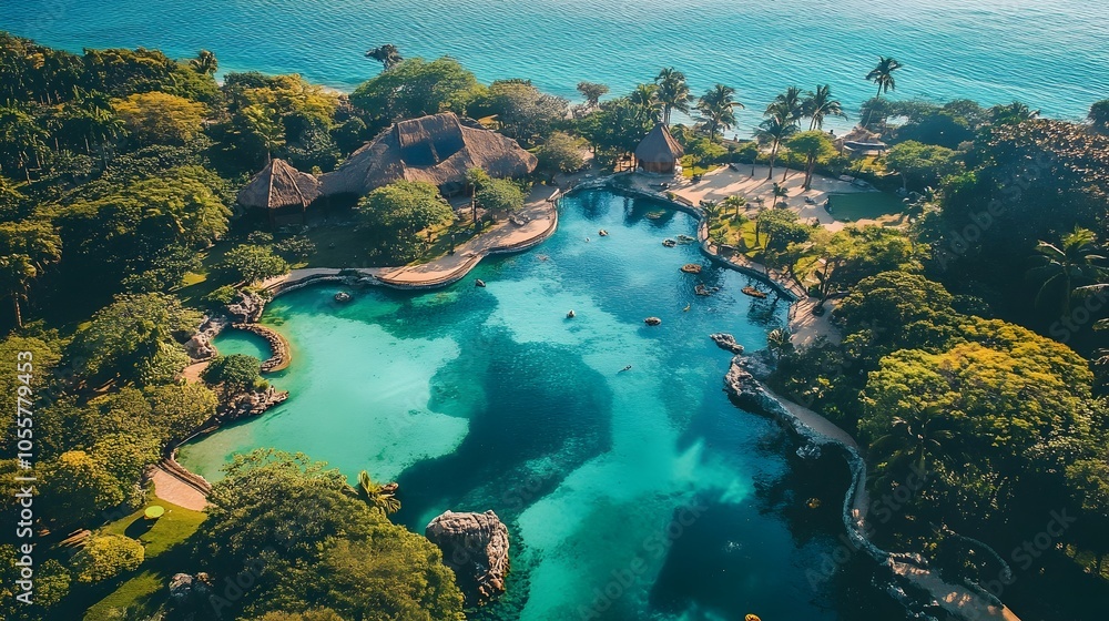 Aerial View of a Tropical Wildlife Sanctuary on a Lush Island Surrounded by Crystalline Waters Aerial View of a Tropical Wildlife Sanctuary on a Lush Island Surrounded by Crystalline Waters