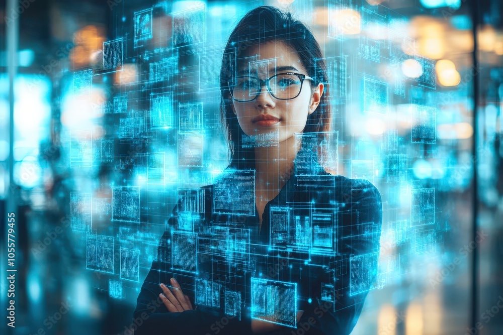 Data Driven: A confident woman in glasses stands with arms crossed, enveloped in a futuristic data visualization, representing the power of technology and data analysis in modern business. Data Driven: A confident woman in glasses stands with arms crossed, enveloped in a futuristic data visualization, representing the power of technology and data analysis in modern business.