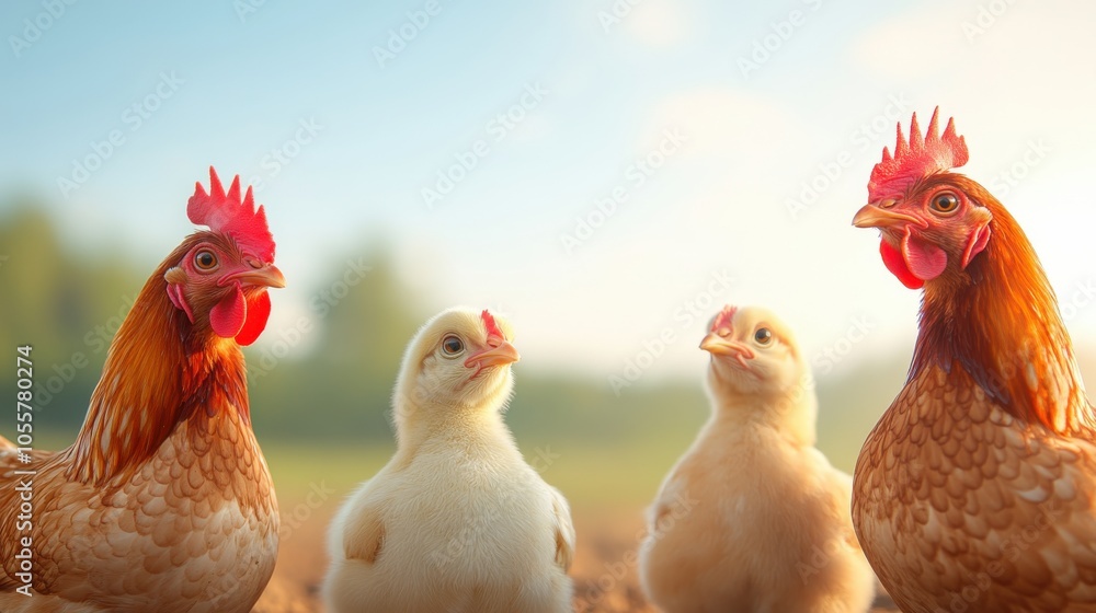 Fototapeta premium Family of Chickens Enjoying a Dust Bath Outdoors