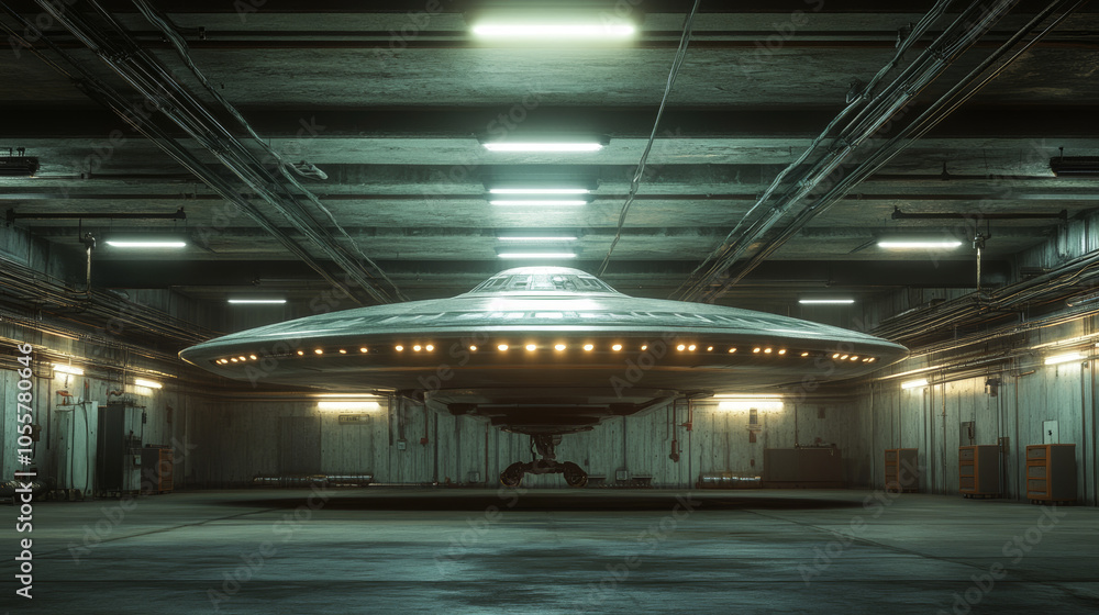 Big ufo parked in a big garage, hyperrealistic Big ufo parked in a big garage, hyperrealistic