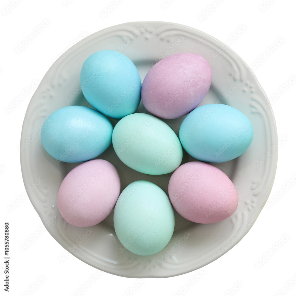 Eight pastel colored easter eggs lying on a white plate forming a circle, isolated on white background Eight pastel colored easter eggs lying on a white plate forming a circle, isolated on white background
