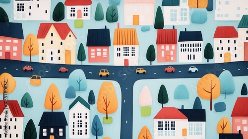 Colorful Cartoon Map of a Small City with Streets