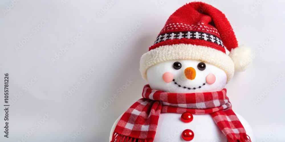 Snowman wearing red scarf and hat on white background with copy space Snowman wearing red scarf and hat on white background with copy space