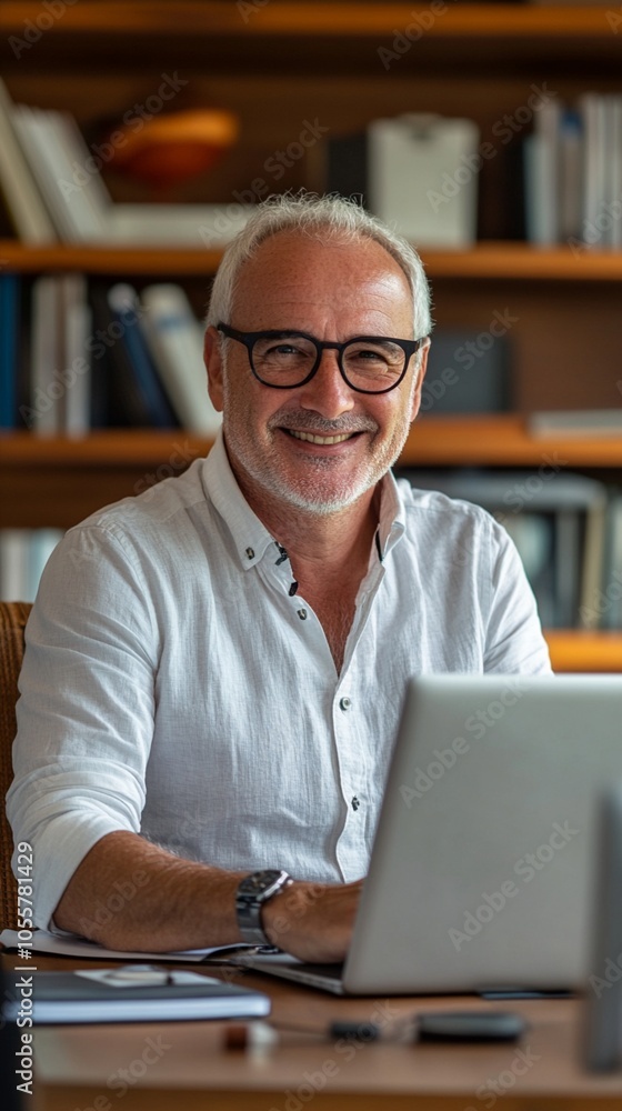 Cheerful senior professional working from home office, smiling at camera while using laptop. Bookshelves in background create warm, intellectual atmosphere. Cheerful senior professional working from home office, smiling at camera while using laptop. Bookshelves in background create warm, intellectual atmosphere.