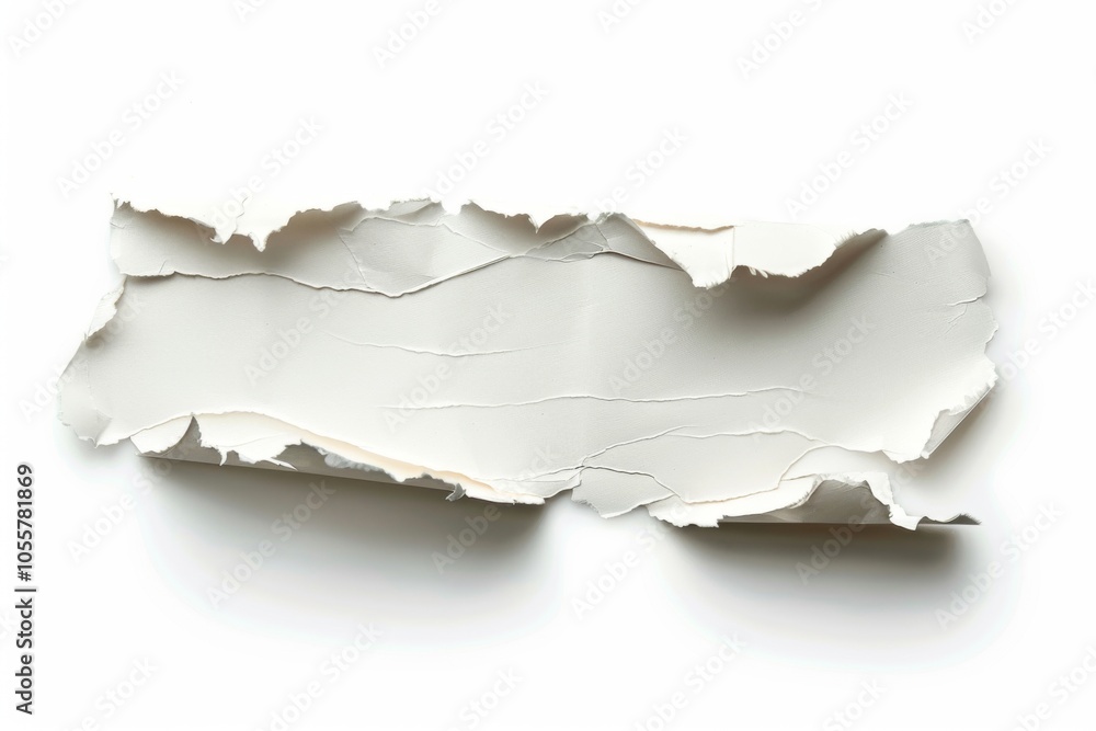 Ripped paper fragment lying on a bright white surface. Creative design concept Ripped paper fragment lying on a bright white surface. Creative design concept