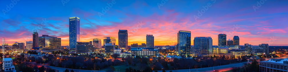 Obraz premium A city skyline at sunset with the sun setting behind the buildings