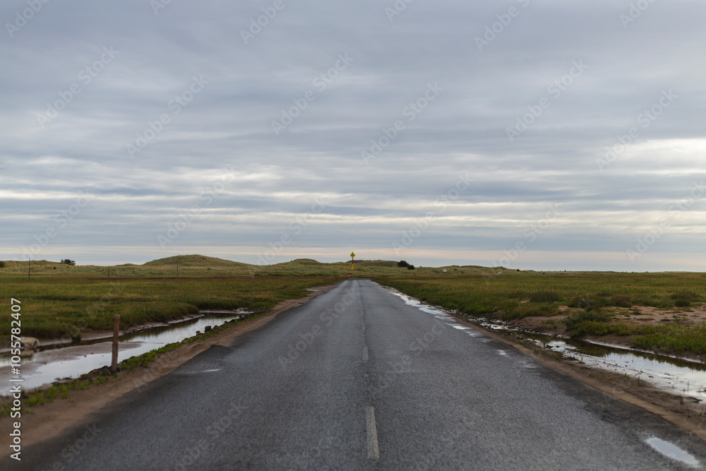 View of serene countryside with an empty road and overcast sky, Holy Island, England. View of serene countryside with an empty road and overcast sky, Holy Island, England.