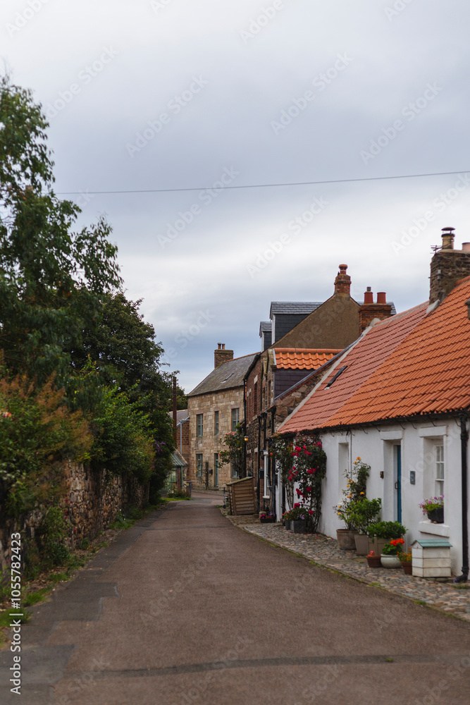 View of quaint street with charming stone buildings and trees, Holy Island, England. View of quaint street with charming stone buildings and trees, Holy Island, England.