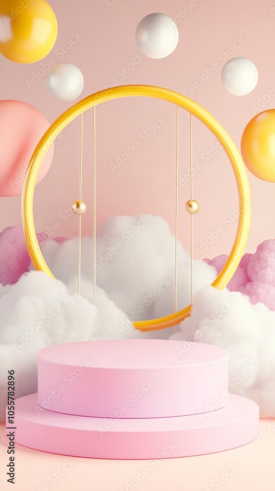Whimsical pastel dreamscape: pink podium with golden arch, fluffy clouds, and floating spheres create a surreal, playful backdrop for product display. Whimsical pastel dreamscape: pink podium with golden arch, fluffy clouds, and floating spheres create a surreal, playful backdrop for product display.
