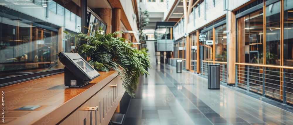 Fototapeta premium A modern, open hallway with architectural features, lush greenery, and sleek design elements, balancing nature and sophistication.