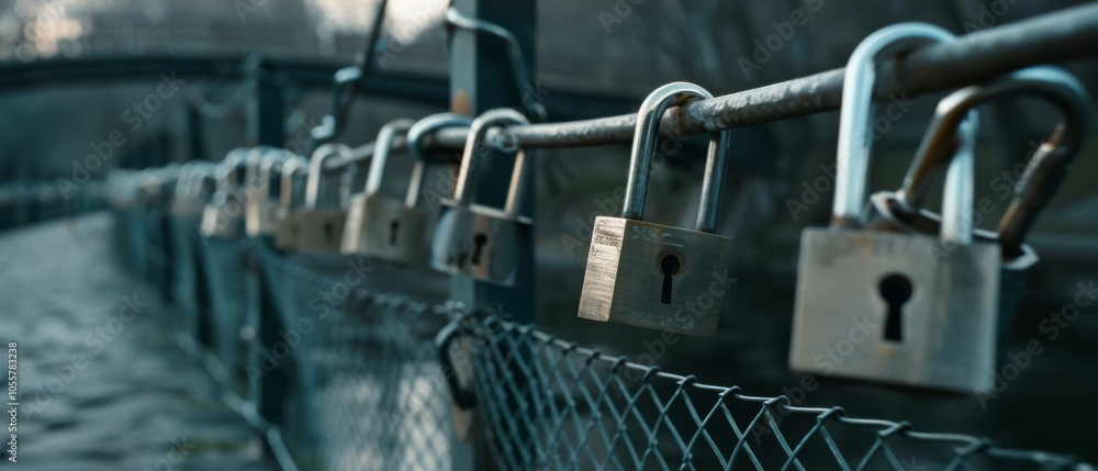 Rusty love locks dangle from a fence, symbolizing eternal love amidst a misty, serene landscape. Rusty love locks dangle from a fence, symbolizing eternal love amidst a misty, serene landscape.