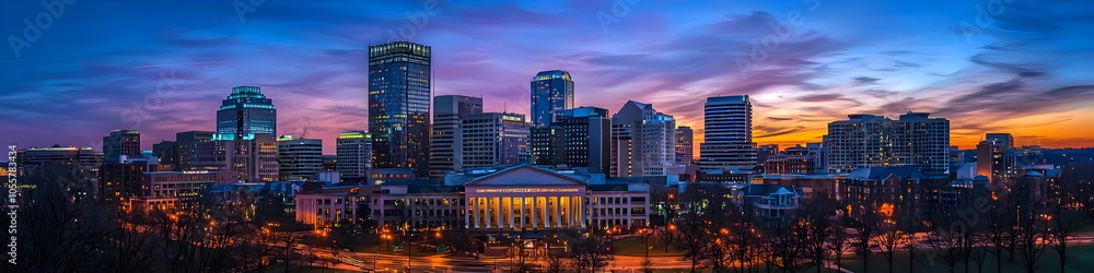 Obraz premium A city skyline at dusk with a large building in the middle