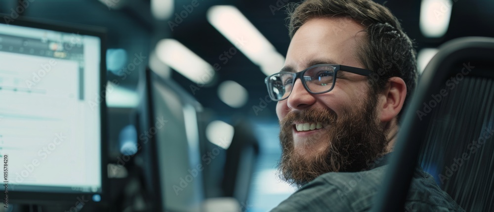 Fototapeta premium A cheerful man with glasses sits in a modern workspace, his face lit with the glow of a computer screen, embodying a friendly and dynamic work environment.