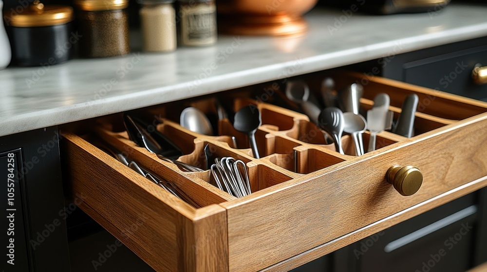 A wooden drawer filled with organized kitchen utensils and cutlery. A wooden drawer filled with organized kitchen utensils and cutlery.