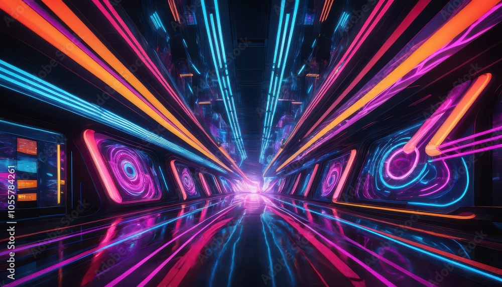 Dynamic and colorful neon light trails in a tunnel evoke a sense of speed and futuristic design, creating a mesmerizing abstract background. Dynamic and colorful neon light trails in a tunnel evoke a sense of speed and futuristic design, creating a mesmerizing abstract background.