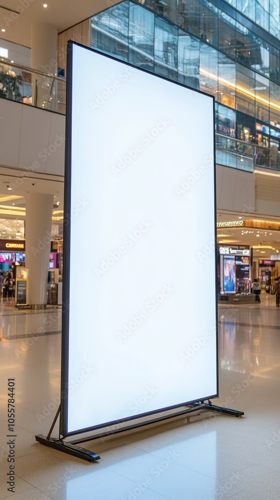 Large blank digital display screen stands prominently in a modern multi-level shopping mall, ready for advertising amidst bustling retail environment. Large blank digital display screen stands prominently in a modern multi-level shopping mall, ready for advertising amidst bustling retail environment.