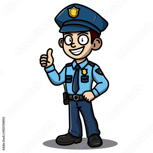 Cartoon policeman character giving a thumbs up, dressed in a blue uniform with a cap and badge, expressing friendliness and trustworthiness. Perfect for safety, law enforcement, and community themes.