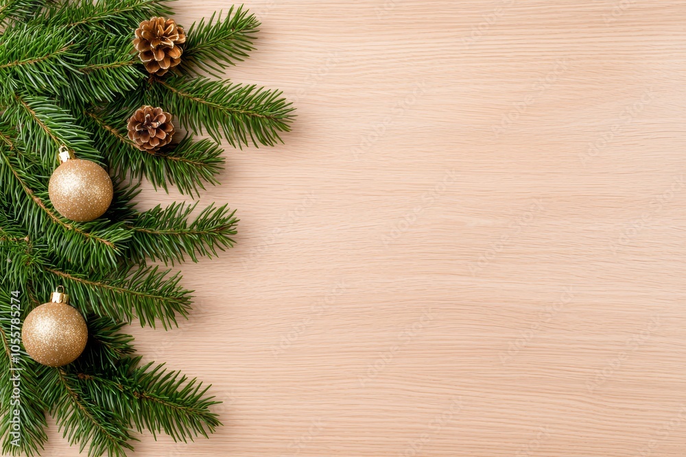 The Christmas tree, decorated with red and gold ornaments, is lit with glowing lights, and the foreground is an empty wood table. The Christmas tree, decorated with red and gold ornaments, is lit with glowing lights, and the foreground is an empty wood table.