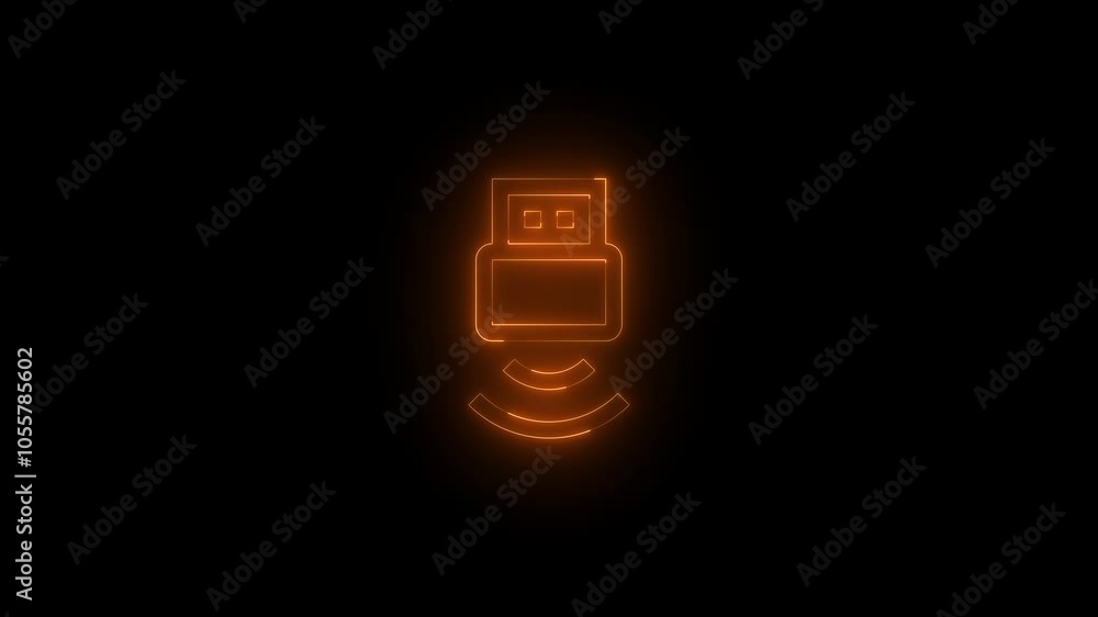 Neon wireless usb icon glowing black background animation Neon wireless usb icon glowing black background animation