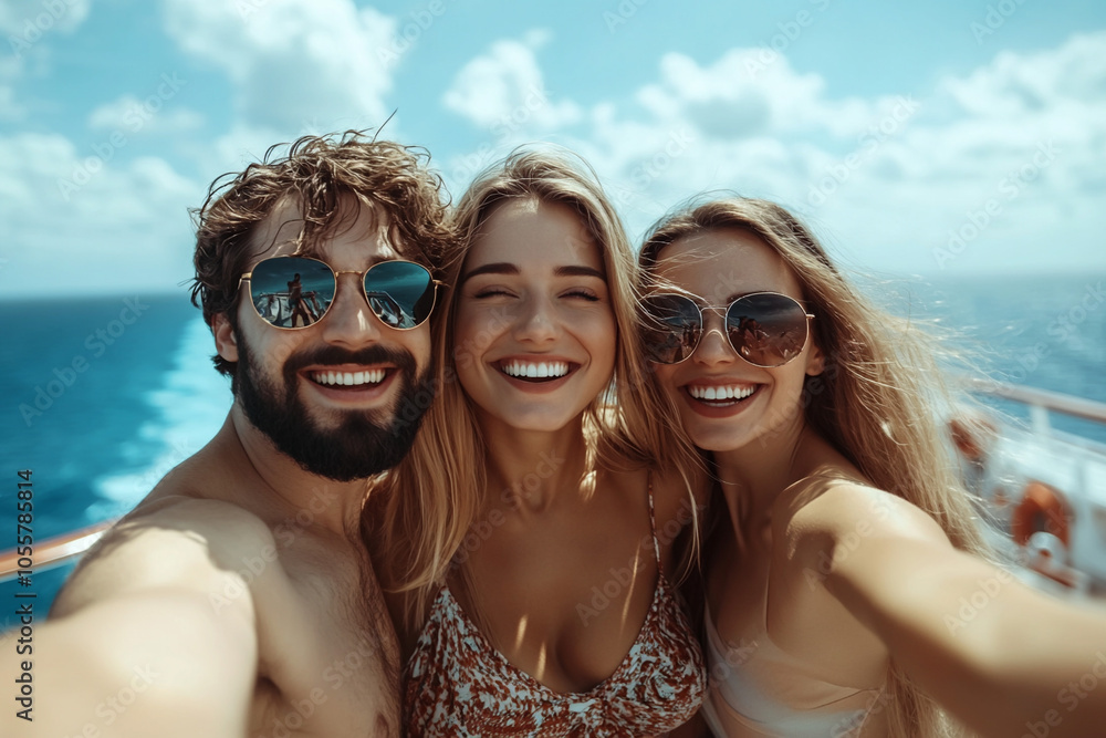 Friends taking a selfie on the deck of a cruise ship, happy friends on holiday at sea, fun and relaxation on a sunny trip Friends taking a selfie on the deck of a cruise ship, happy friends on holiday at sea, fun and relaxation on a sunny trip