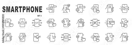 Set of smartphone related line icons. Device, message, phone, call, app, screen etc. Editable stroke. Set 3