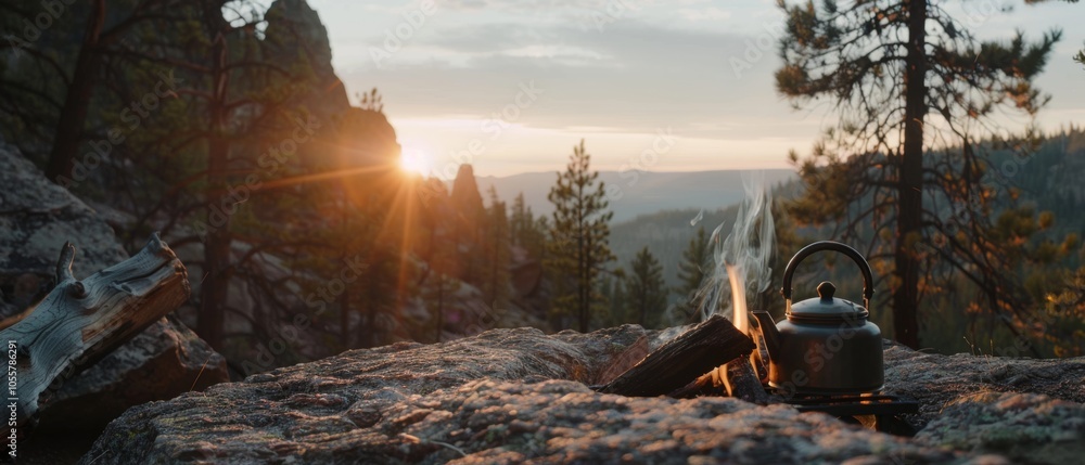 Perched on rocky terrain, a kettle warms by a campfire, amid a breathtaking sunrise over towering cliffs and trees, embodying morning serenity. Perched on rocky terrain, a kettle warms by a campfire, amid a breathtaking sunrise over towering cliffs and trees, embodying morning serenity.