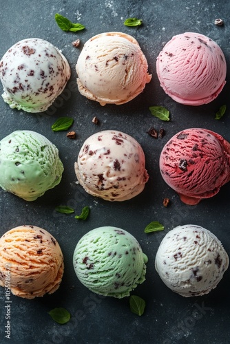 A delightful variety of ice cream scoops in pastel colors are arranged beautifully on a dark surface, accented by mint leaves and chocolate sprinkles